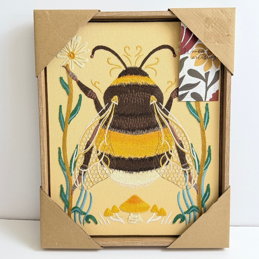 BP Home Woven Artistry Bumblebee Embroidered Framed Canvas Wall Art 12x15 New